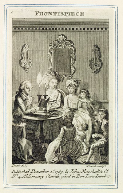 Ein Vater liest seiner Familie bei Kerzenlicht vor, graviert von Thomas Cook, Frontispiz zu einem Buch, veröffentlicht von John Marshall und Co., 1783 von Daniel Dodd